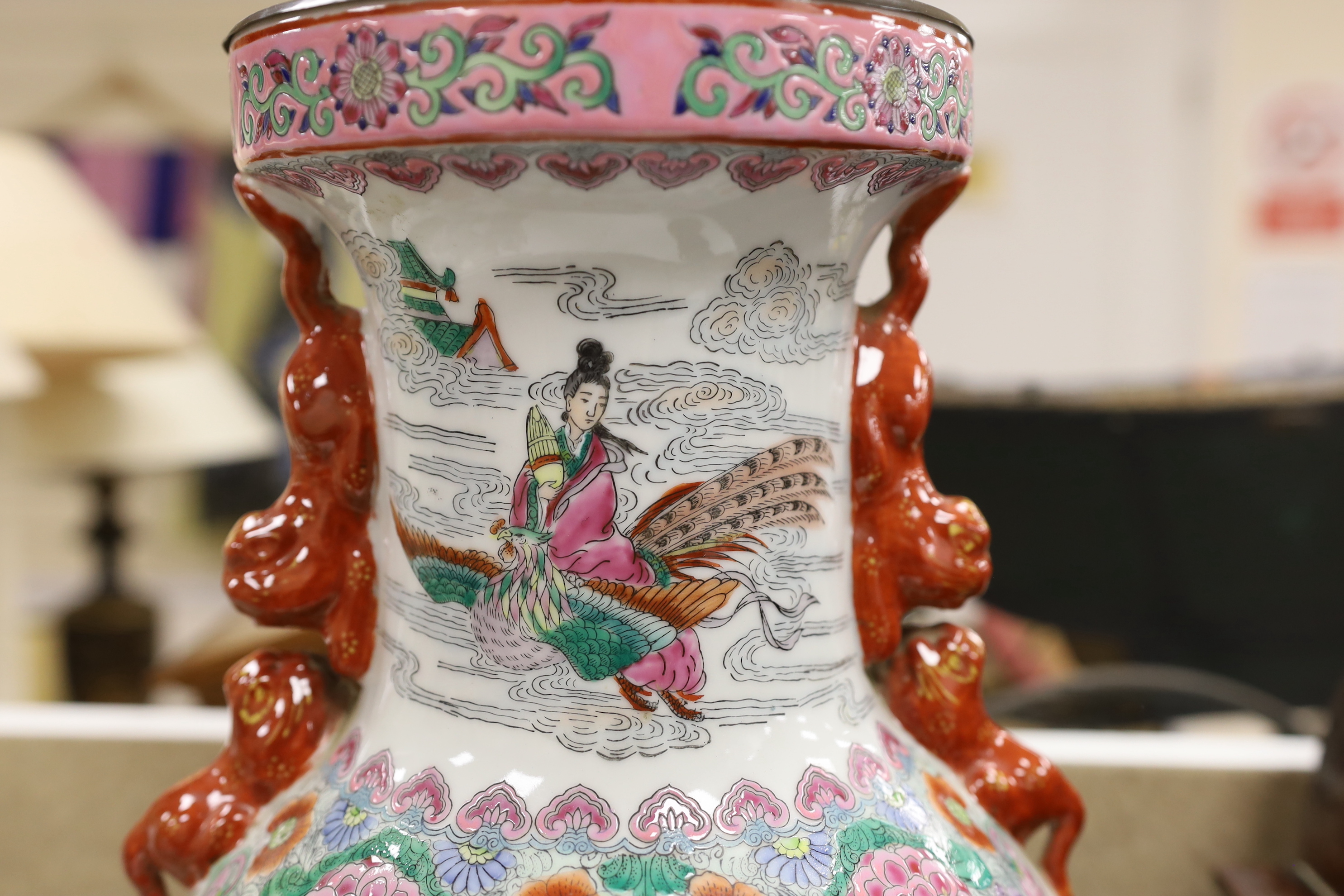 A Chinese famille rose ‘immortals’ vase converted to a lamp, 54cm to top of vase